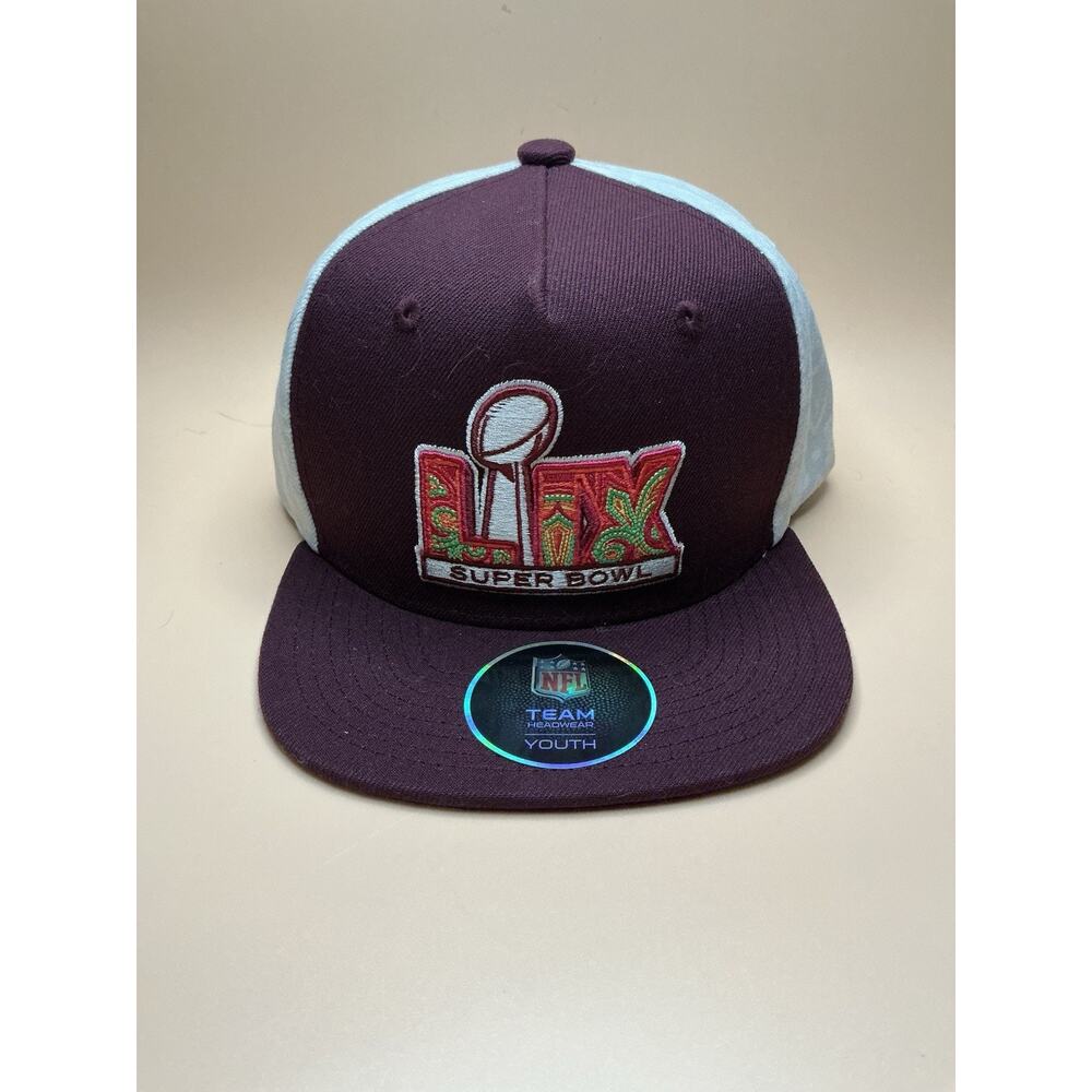 Official Youth Super Bowl 59 Ball‎ Hat, Maroon White, Mardi Gras, New with Tags.